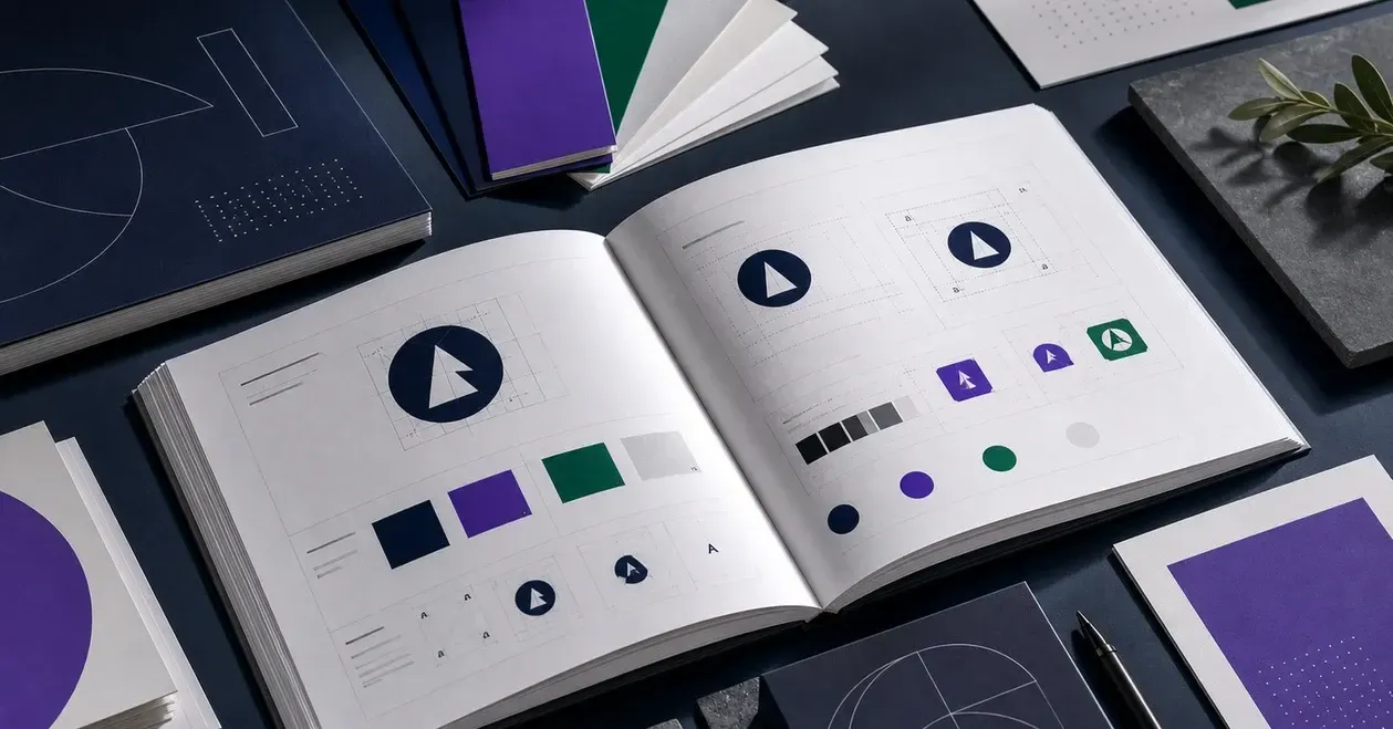 Brand book avec règles de logo, couleurs, typographies, exemples de supports et déclinaisons