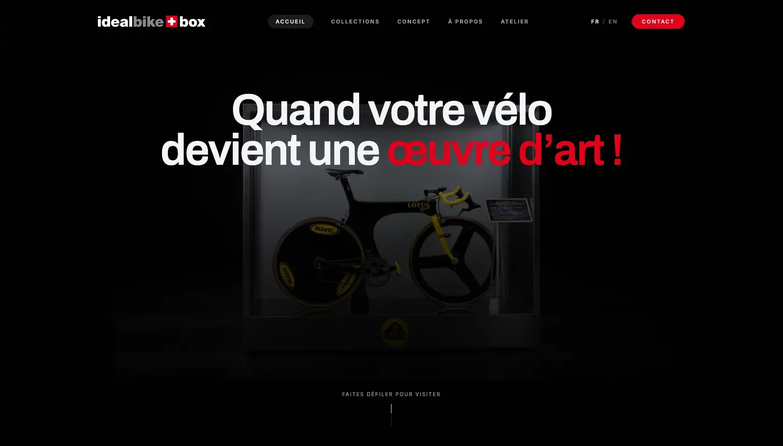 Page d'accueil du site Ideal Bike Box présentant un vélo de collection sous vitrine