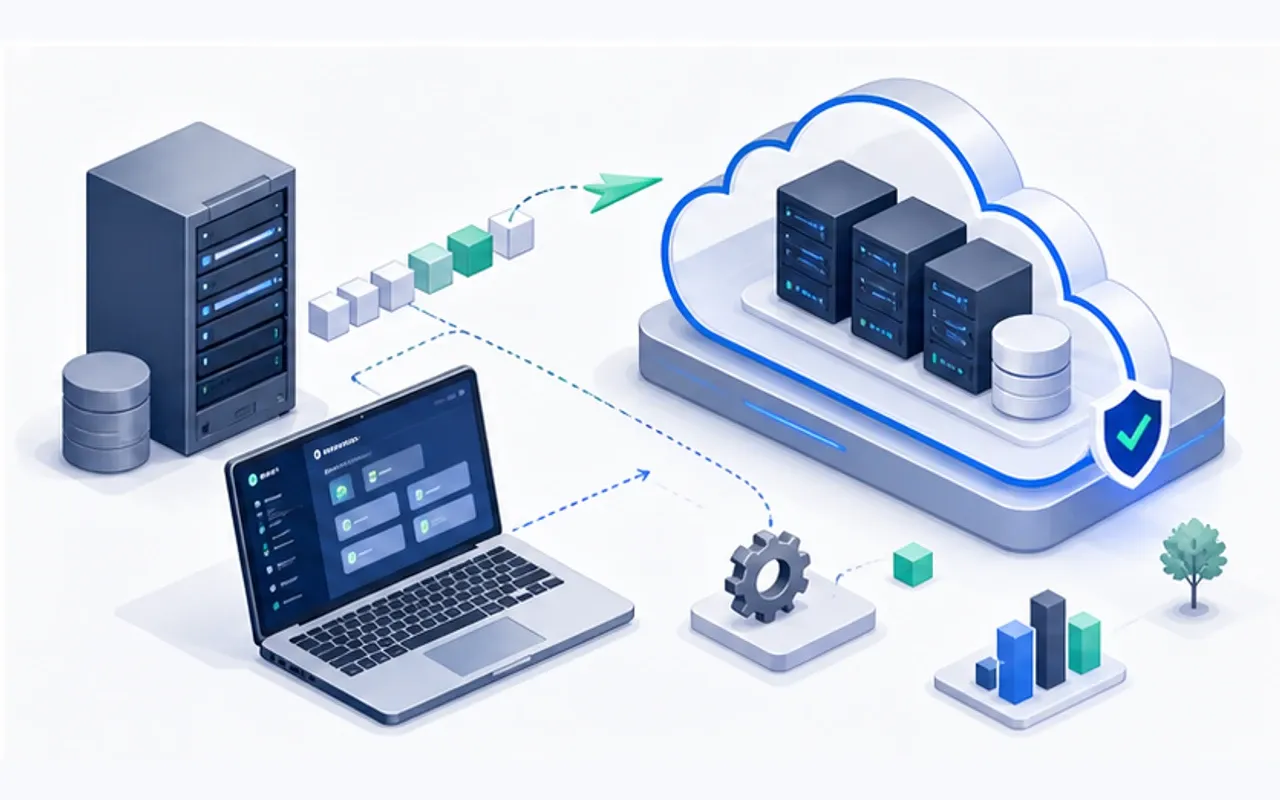 Architecture cloud suisse avec hébergement, migration, sauvegardes et accès sécurisés pour PME