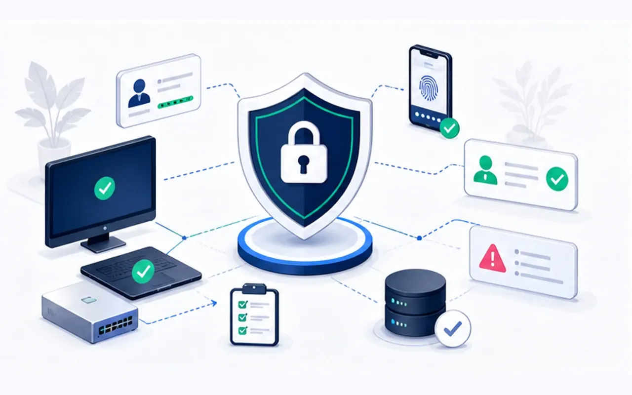 Interface de cybersécurité PME avec accès utilisateurs, sauvegardes, alertes et posture de sécurité