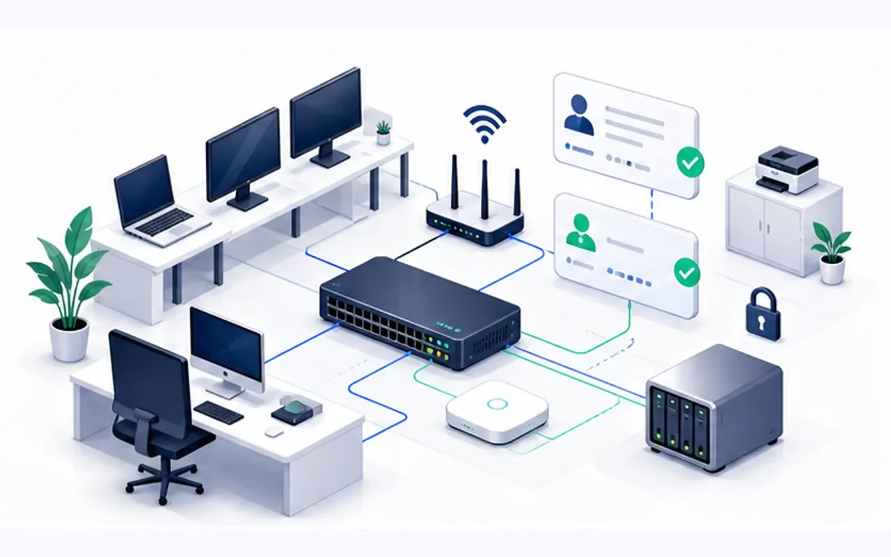 Tableau d'infrastructure informatique PME avec postes de travail, réseau, comptes utilisateurs et supervision