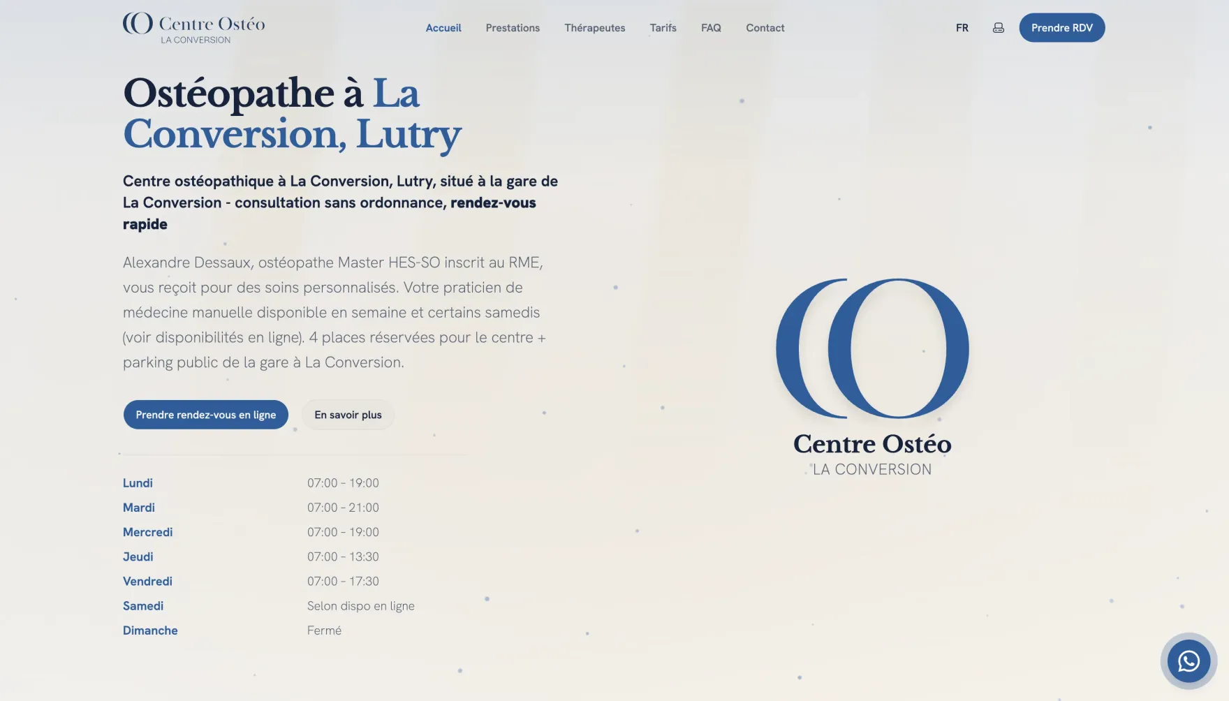 Page d'accueil du site du Centre Ostéo La Conversion