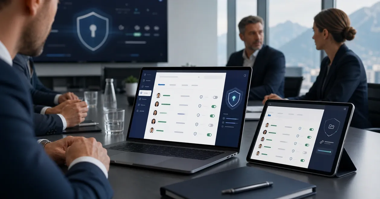 Équipe PME partageant des fichiers cloud avec droits, liens externes et accès contrôlés