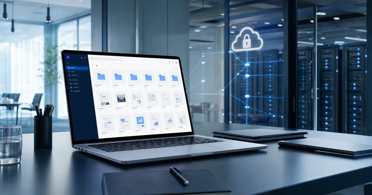 Interface cloud sécurisée avec dossiers d'équipe et coffre de fichiers pour PME suisse