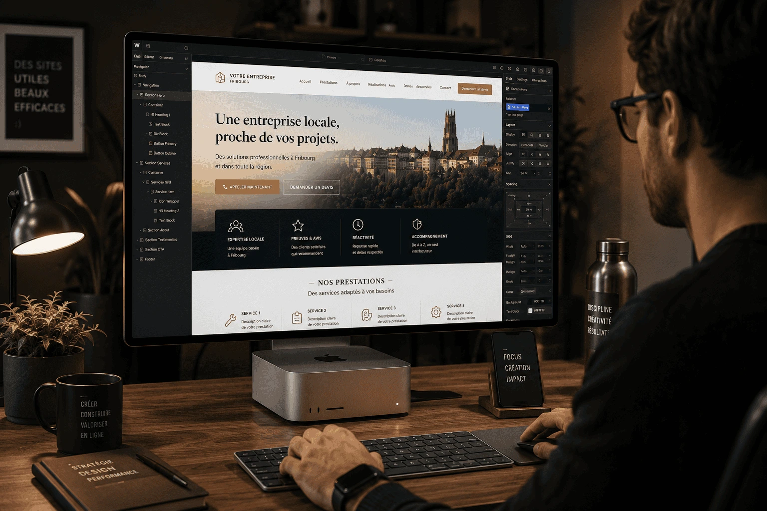Maquette de site web professionnel pour entreprise technique à Neuchâtel sur mobile et ordinateur