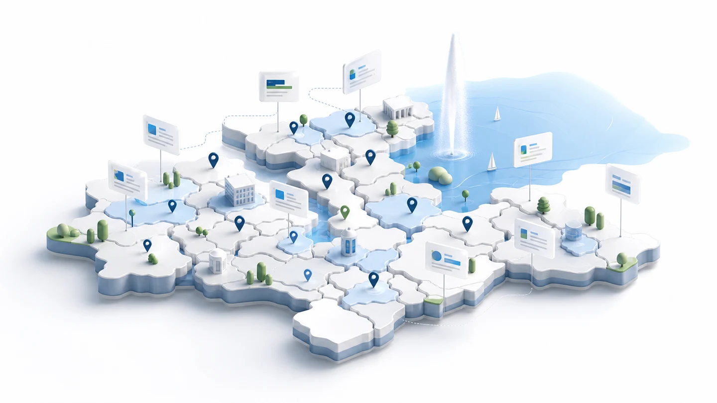 Illustration 3D d’une refonte web à Genève reliant zones locales, points de contact, contenus et demandes qualifiées
