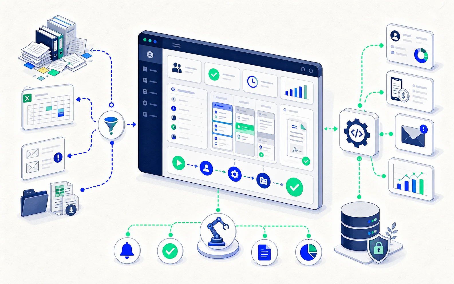 Interface de logiciel métier reliant CRM, facturation, tâches, API et reporting