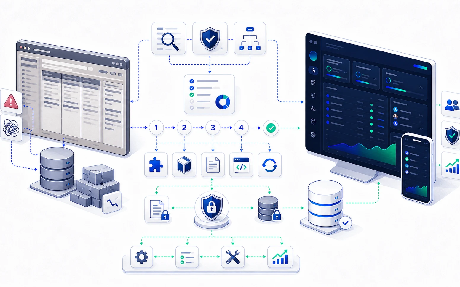 Schéma d'une refonte applicative reliant ancienne base, API, nouvelle interface et migration progressive