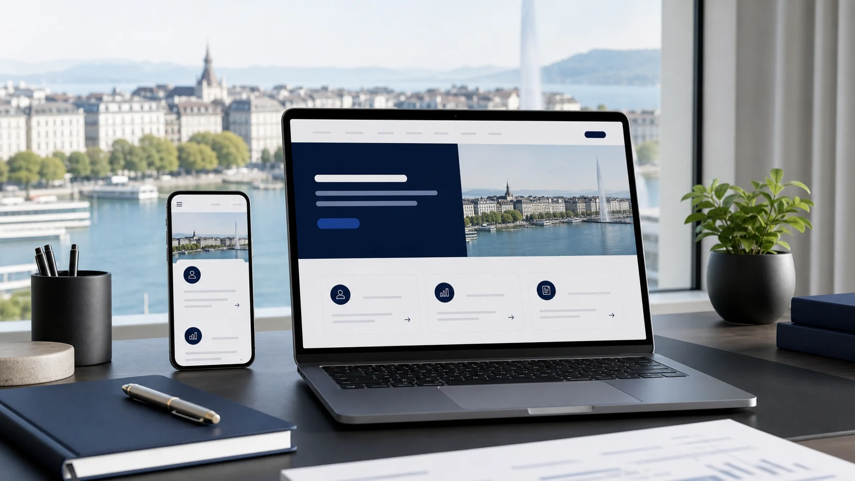 Maquette réaliste de site vitrine premium pour cabinet, fiduciaire ou société de conseil à Genève