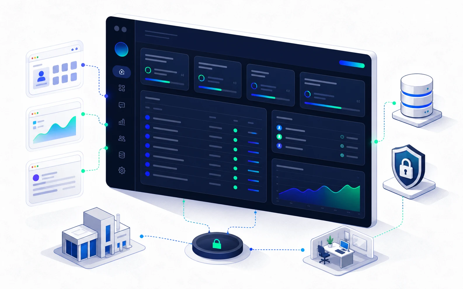 Interface de web app métier avec tableau de bord, demandes, statuts et indicateurs pour PME romande